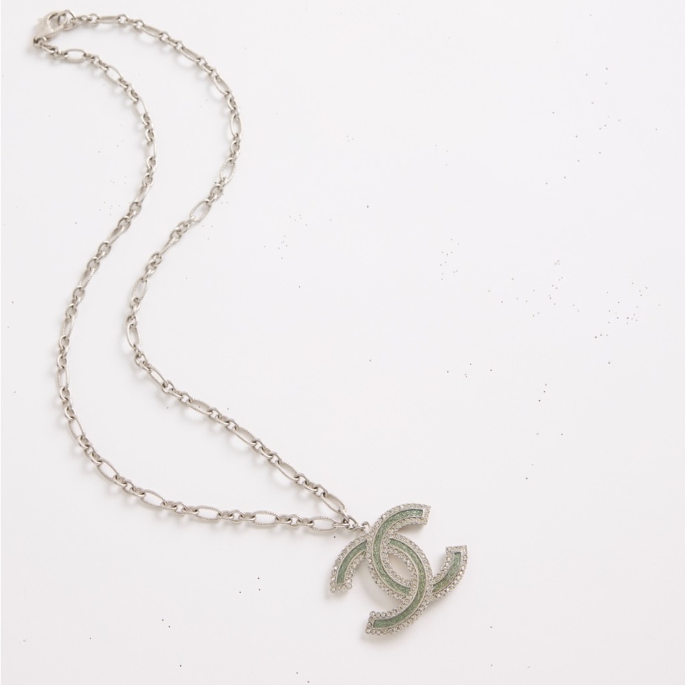 CHANEL CC Silver Necklace with pale green enamel insert and diamanté crystals